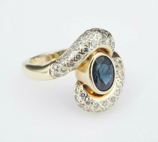 Vintage 14k Gold Pave Diamond Sapphire 4ct Statement Ring Size 8 Swirl CO569