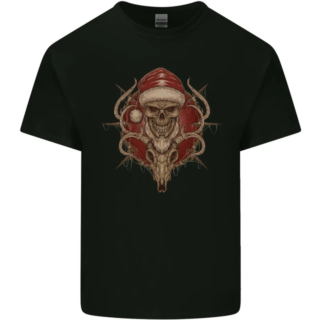 Christmas Reindeer Santa Skull Gothic Mens Cotton T-Shirt Tee Top