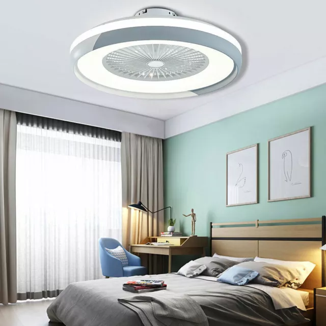 23" Modern Flush Mount Ceiling Fan Light LED Dimmable Chandelier Lamp & Remote