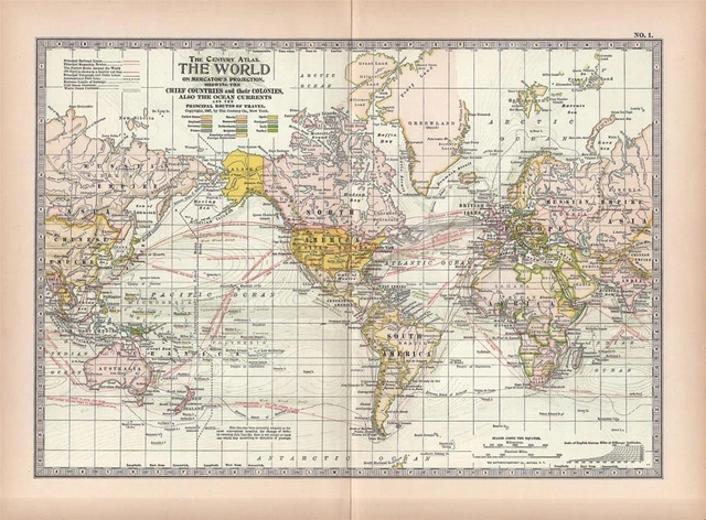 1897 Antique Century Atlas Map Of The World-Excellent Detail