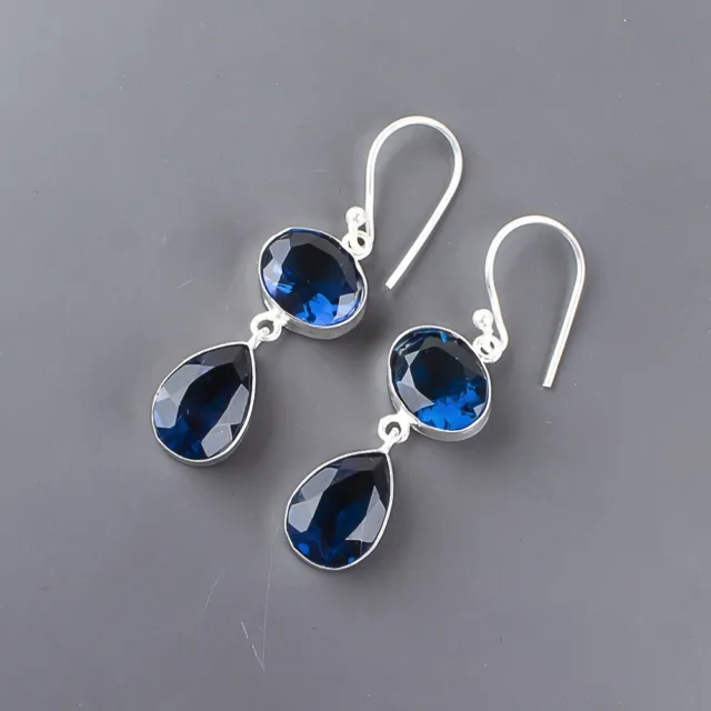 Natural London Blue Topaz Gemstone Drop/Dangle Earrings 925 Silver For Women