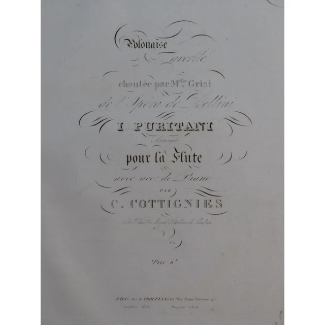 COTTIGNIES Charles Polonaise Favorite des Puritains Piano Flûte ca1835