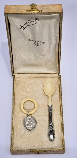 Cased French 950 Sterling Silver Handle Baby's Porridge Spoon & Baby Rattle