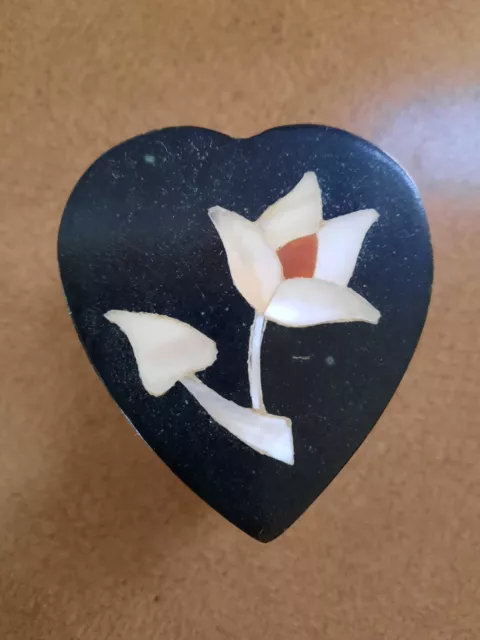 Vintage Vermont Marble Alabaster Heart Trinket Box, Floral Mother of Pearl Inlay