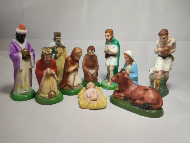 Vintage Plastic (possibly Celluliod) 10 Piece Nativity Set - Christmas