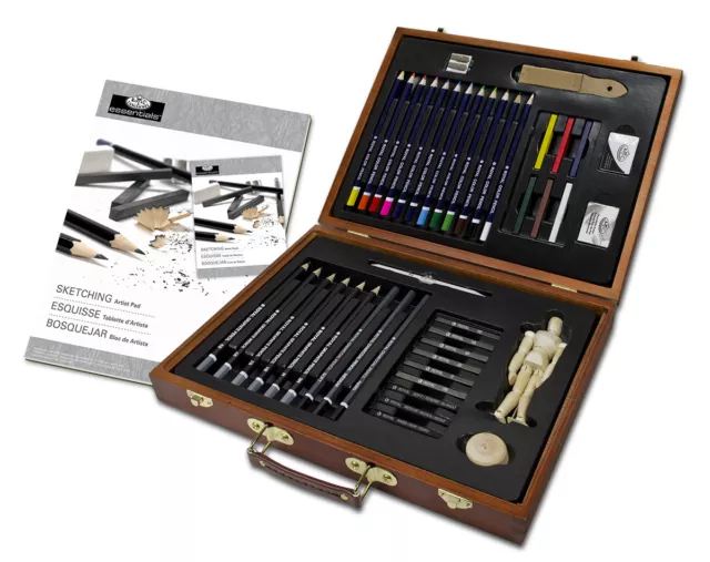 45 Piece Artist Deluxe Sketching & Drawing Pencil Charcoal Set Wooden Box DS2030