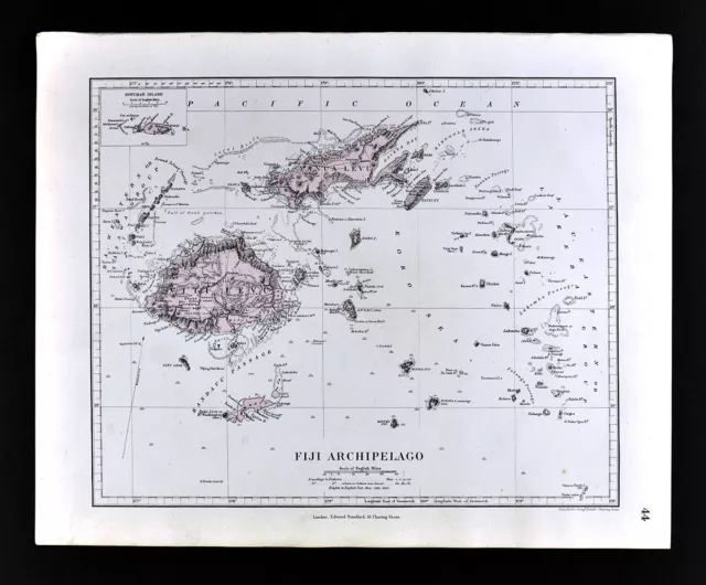 1885 Stanford Atlas Map Fiji Archipelago Viti Levu Oceania South Pacific Antique