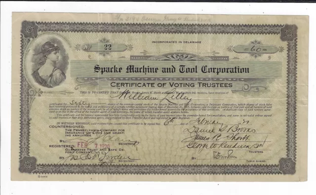 INDIANA 1920 Spacke Machine & Tool Corp Stock Certificate Automobile Parts #22