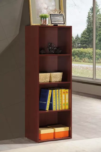 Hodedah 4-Shelf Wood Bookcase in Mahogany, Space-Saving & Stylish Storage