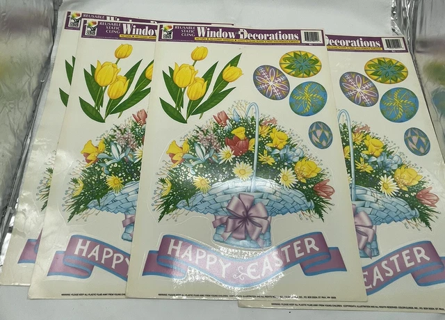 Vintage Lot of 4 Easter Egg Flower Basket Window  Clings Vinyl Decoration