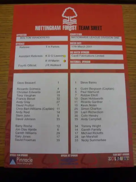 17/03/2001 Colour Teamsheet: Nottingham Forest v Bolton Wanderers (folded). If t