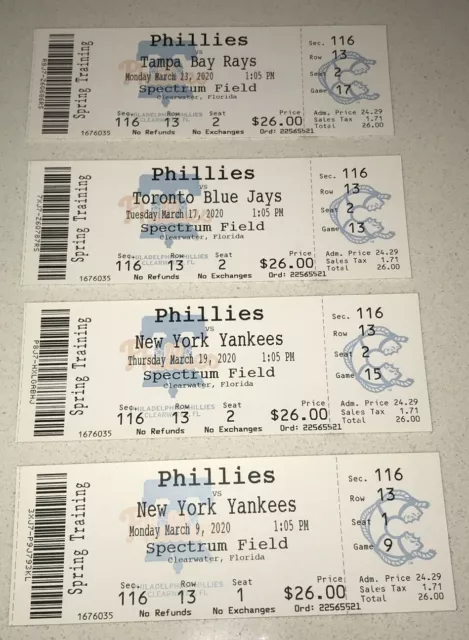 x4 2020 Phillies Jays Rays Yankees Spring Training MLB FULL Tickets Stub Lot