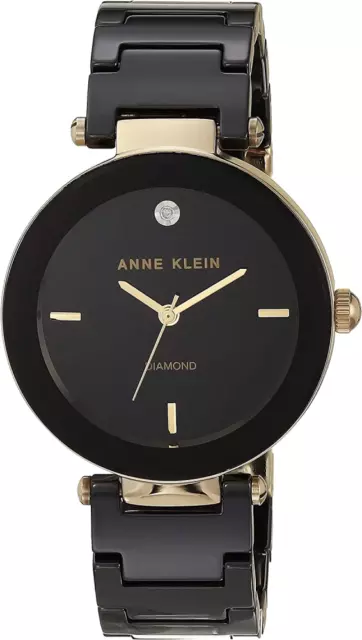 Anne Klein Women's Genuine Diamond Dial Ceramic Bracelet Watch Black/Gold