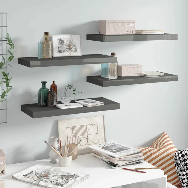 Homgoday Scaffali a Parete 4 pz Grigio Lucido 60x23,5x3,8  in MDF, Mensola N2D2