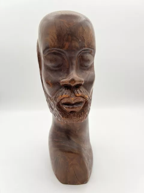 Vintage African Hand Carved Ebony Wood Male Head Statue Bust, 10.75 Inches Tall