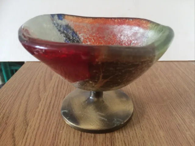 Vetrame Heavy Fused Art Glass Green /Red Goblet Candle Holder