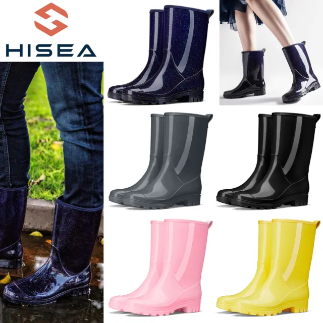 HISEA Women Mid-Calf Rain Boots PVC Wellies Waterproof Garden Shoes Arch Support