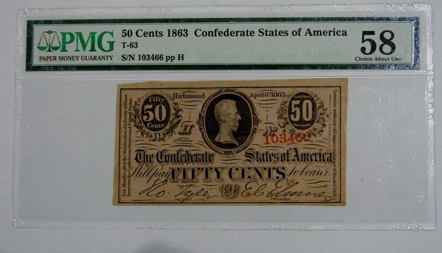 1862 CSA Confederate States of America 50 Cents Note T-63 - PMG Ch AU 58