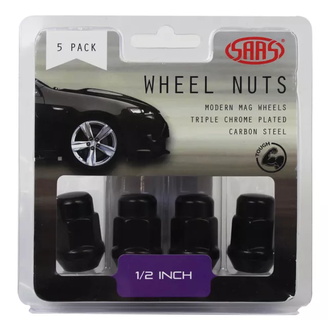 SAAS Wheel Nuts Acorn Bulge 1/2" Black 35mm 5Pk 335315BC