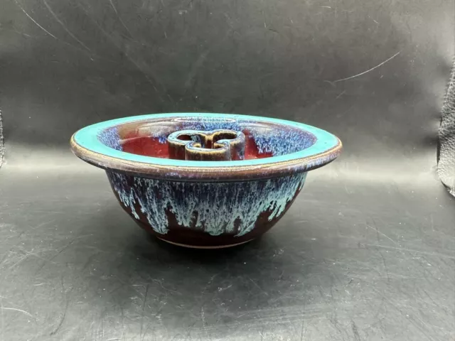 SMP Smokey Mountain Pottery Flower Frog Bowl Blue Teal Red Drip Glaze Glossy