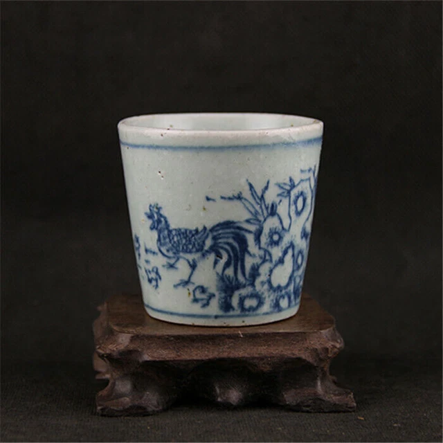 Chinese Qing Blue and White Porcelain Chicken Flowers Design Teacup Cup 2.9 inch
