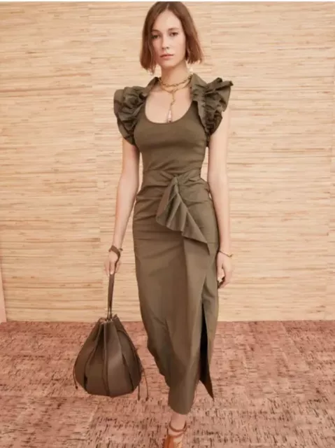 ULLA JOHNSON Isabella Military Green Ruffles Midi Dress 0 P XS $425