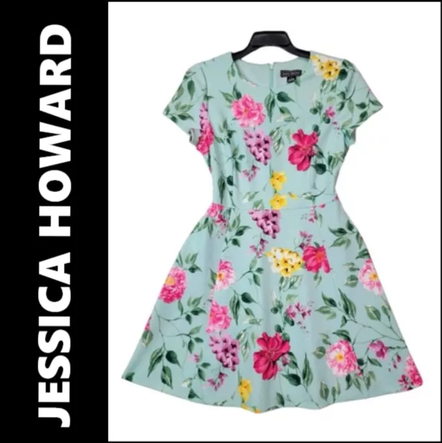 Jessica Howard Multicolor Dress Women's Size 14 Fit Flare Short Sleeves Floral