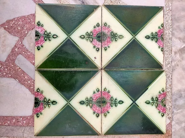 4Pc Vintage Majolica Decorative Flower Art Nouveau Architecture Tiles,England