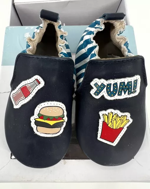 ROBEEZ Baby Boy 6-12 Months Navy Leather Yum Burger Fries Soft Sole Shoes NIB