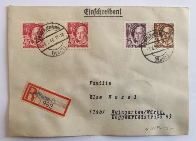 R -Ein. Brief Franz. Zone - 4 Marken mit Mi.Nr. 9MiF - Eningen - Weingarten 1948