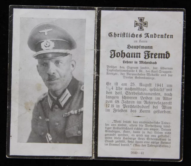 WWII German Death Card Hauptmann Johann Fremd WW1 Veteran Captain Decorated 1941