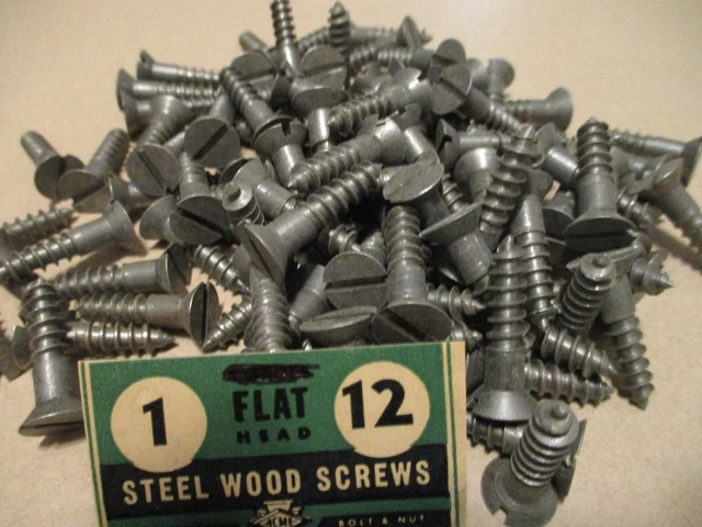 36 - New-Old Stock, Slotted Flat Head Steel Wood Screws, 1" Long X #12 = 7/32"