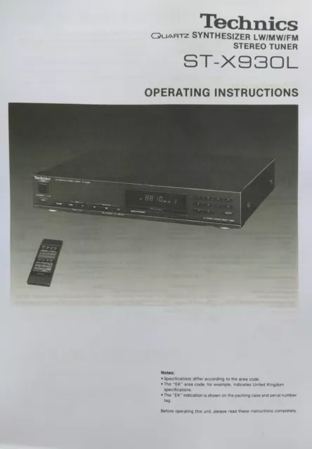 Technics ST-X930L - LW MW FM  Radio Tuner - Operating Instruction - USER MANUAL