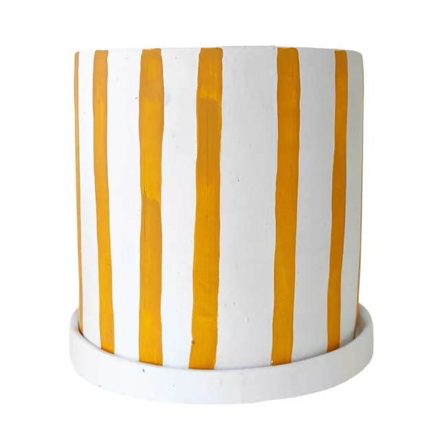 Urban Julia Stripe 17cm Concrete Planter w/ Saucer Plant Pot Large Mustard/White