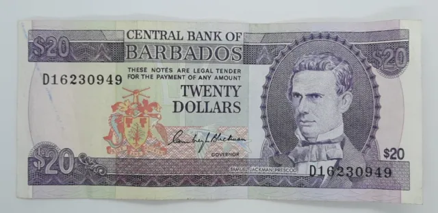 1973 - Central Bank Of BARBADOS - $20 Dollars Banknote, Serial No. D1 6230949