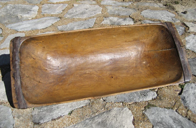 Large 42" Antique Vintage Wood Fruitwood Dough Bowl w/ Wrought Iron Strap Handle