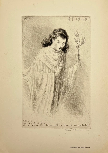 Vintage Ex libris - Portrait of a Woman - Bible - Arno Nauman - Czech Republic