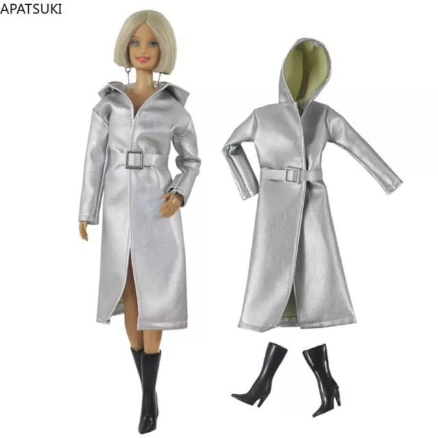 Silver Hoodies Leather Clothes For Barbie Doll Long Jacket Trenchcoat Belt Boots
