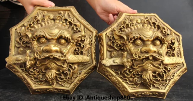 9" Chinese Folk Bronze exorcise evil spirits beast lion Head knocker Pair Statue