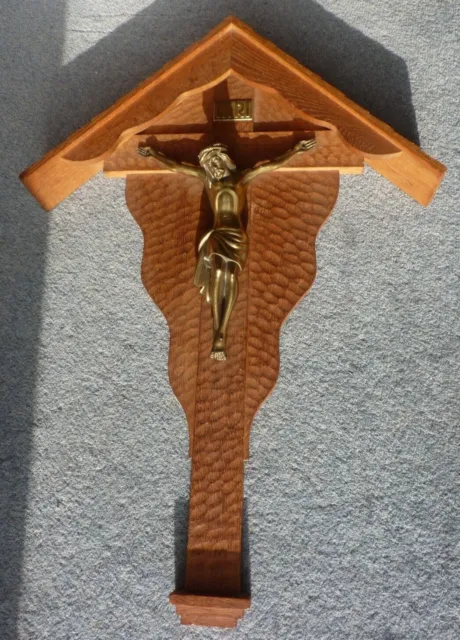 Wooden Cross With Brass Jesus Christ Figure - Wall Mounted - Large H. 58 cm