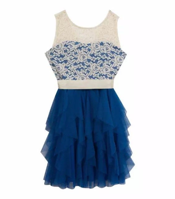 RARE EDITIONS Girls' 8 Royal Blue Illusions Lace Cascade Dress NWT $86