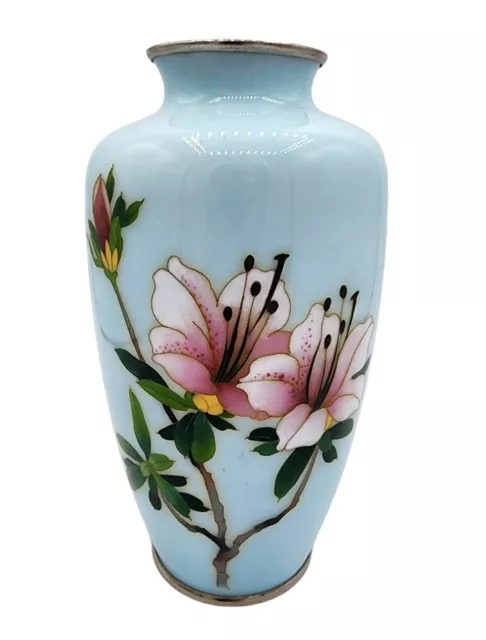 Vintage Japanese Cloisonne Sato Vase Azalea Flowers Light Blue 7" Floral Japan