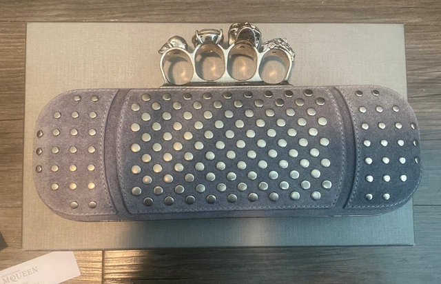ALEXANDER MCQUEEN grey suede STUDDED CRYSTAL FOUR-RING SKULL Knuckle Clutch Bag ALEXANDER MCQUEEN grey suede STUDDED CRYSTAL FOUR-RING SKULL Knuckle Clutch Bag