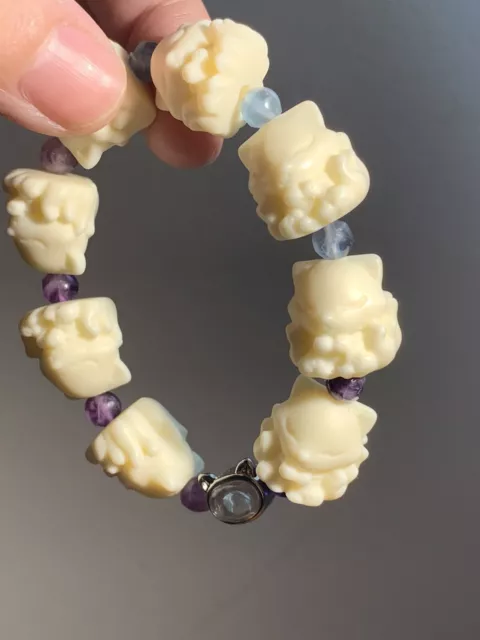 Craved Natural Phytelephas Macrocarpa With  Blue Moonstone and Fluorite Bracelet