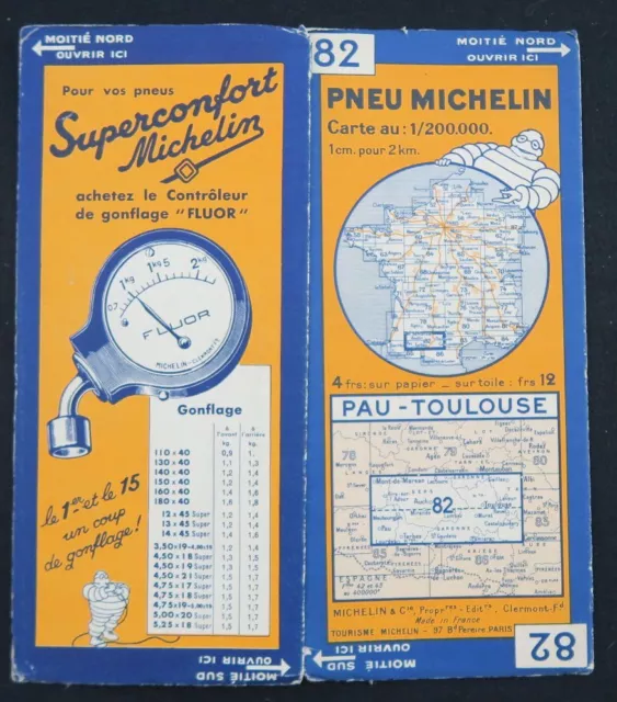 Carte MICHELIN n°82 PAU TOULOUSE 1934 map Mapa Bibendum pneu guide