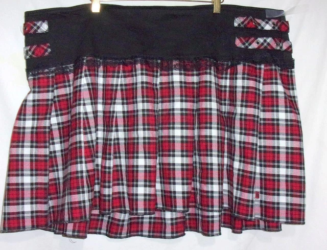 Mini Skirt Tripp NYC 90s Goth Rave Gear Plus Sz 26 Red Plaid Pleats Eyelets Lace