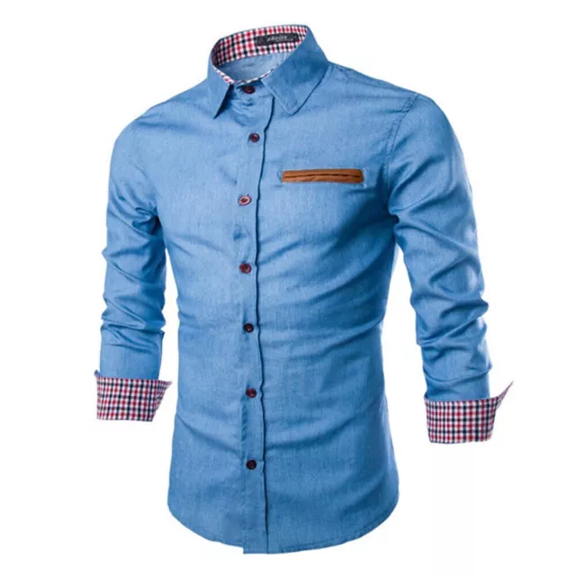 Mens Denim Shirts Long Sleeve Slim Fit Casual Button Down T Shirt Tops Blouse