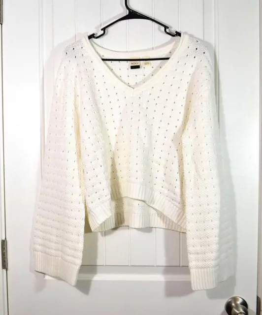 Nwt Womens Roxy White Do You Good Sweater Pullover V Neck Long Sleeve Sz M