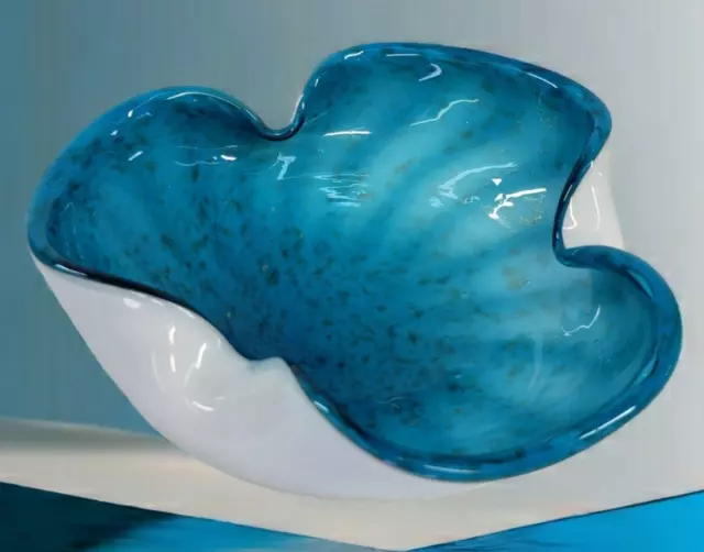 Mid Century Modern Hand Blown Art Glass Blue & White Wave Glitter Ashtray Bowl