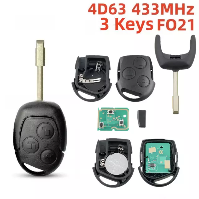 3 Button 433Mhz Remote Key Fob Chip For Ford Focus Fiesta Fusion Transit Connect